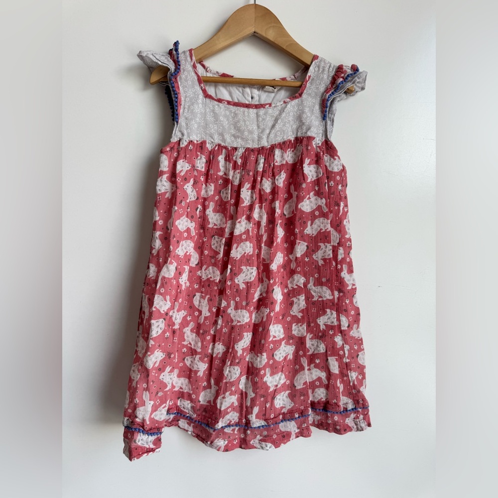 Mini‎ Boden Ruffle Shoulder Bunny Dress pink white gray floral yoke girls 7-8